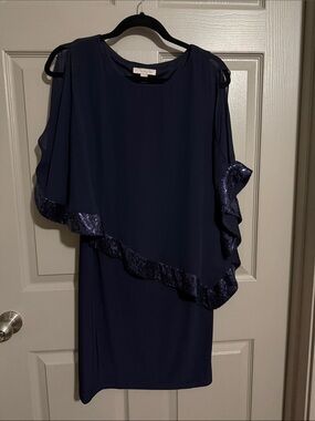 dressbarn Navy Blue Midi Dress with Sequin Ruffle Overlay